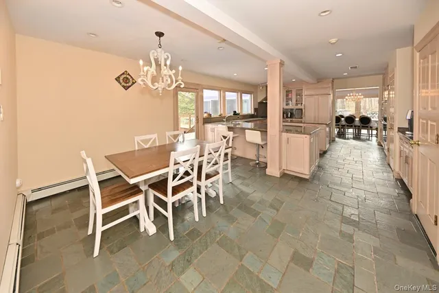 a view of a dining room with furniture