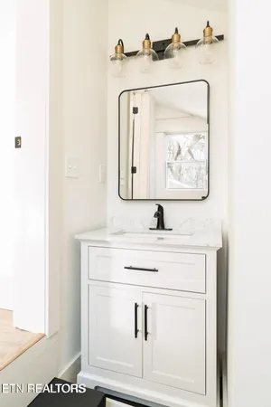 a bathroom with a sink and a mirror