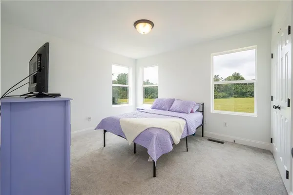 a bedroom with a bed and a flat tv screen on the dresser