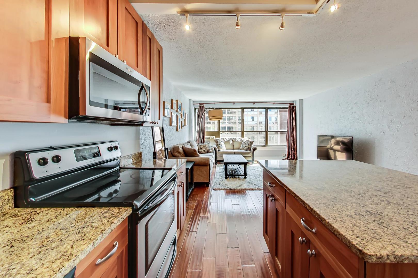 2930 North Sheridan Road, Unit 811 Chicago, IL 60657 - Photo 26 of 52 a kitchen with a stove a sink and a microwave