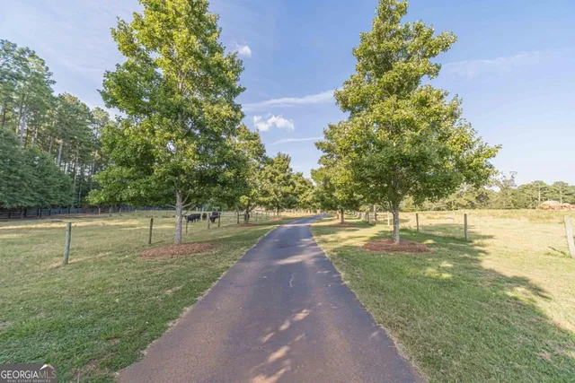 a view of a big yard with a house in the background