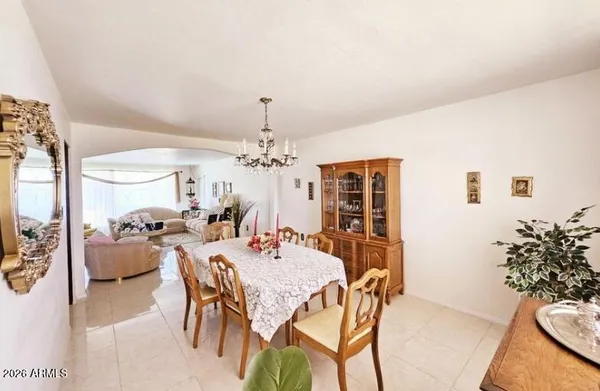 a view of a dining room with furniture