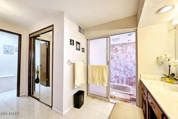 a bath tub sitting in a bathroom