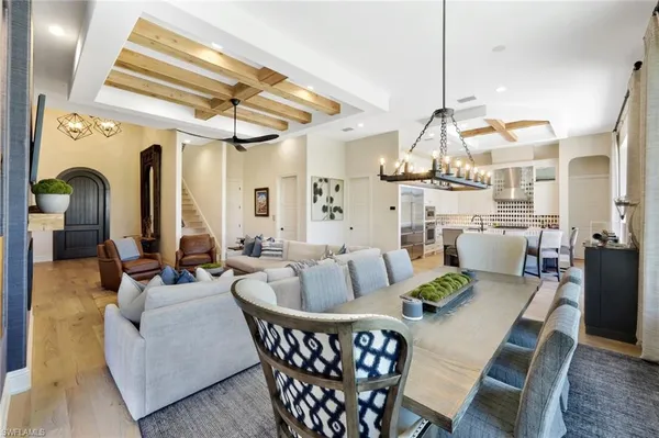 a outdoor dining area with furniture