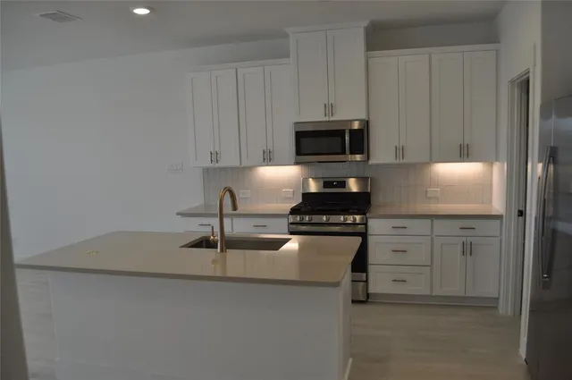 a kitchen with granite countertop white cabinets and stainless steel appliances
