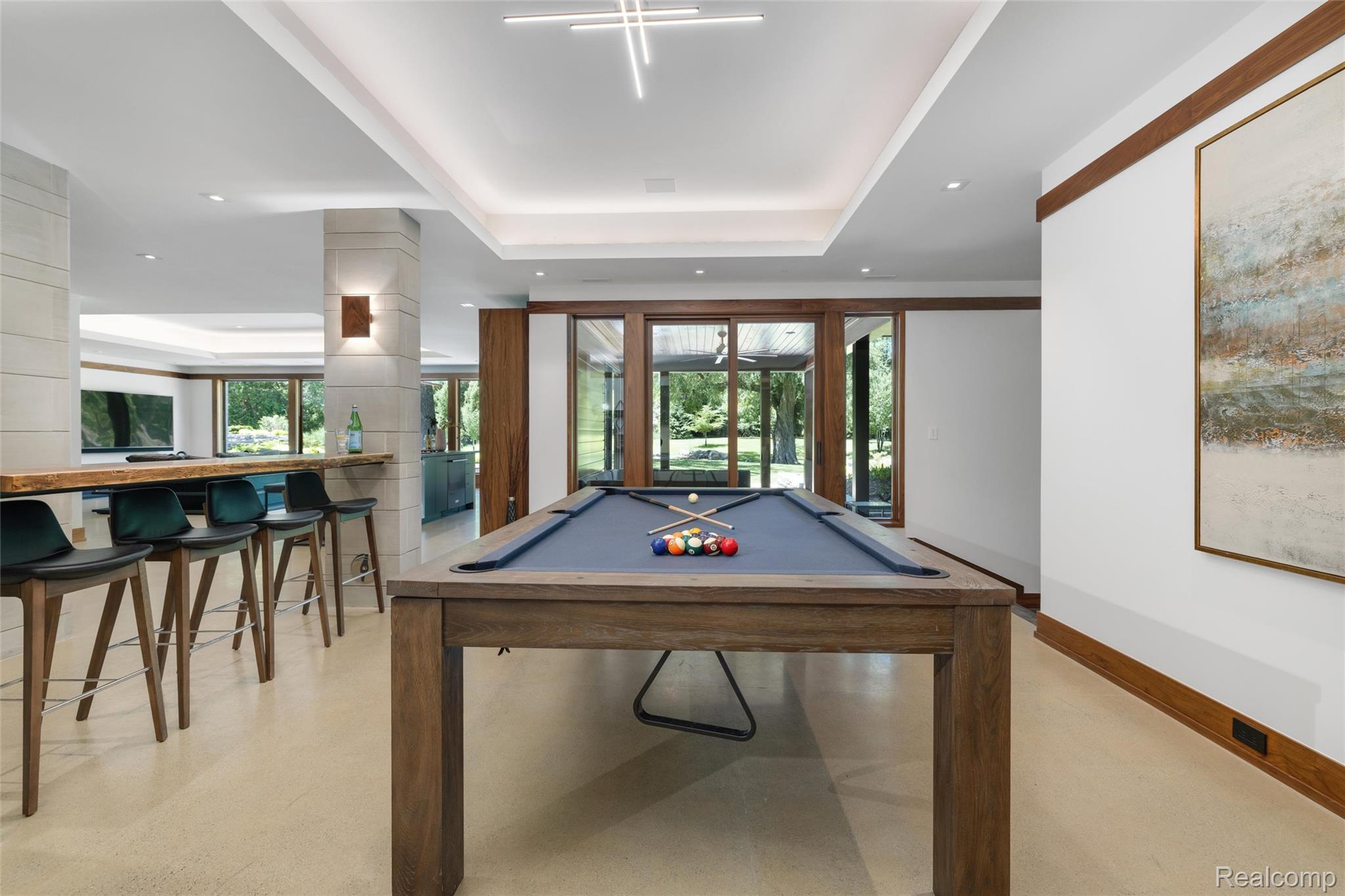 2700 Squirrel Road Bloomfield Hills, MI 48304 - Photo 54 of 83 Recreation room featuring a billiards table, integrated bar seating, recessed lighting, and expansive glass doors