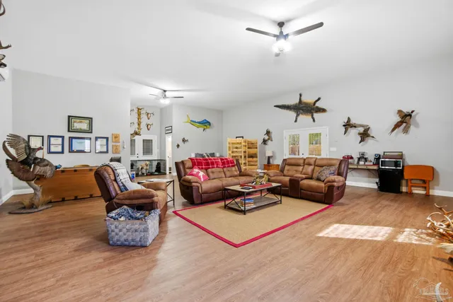 an aerial view of a house with outdoor space