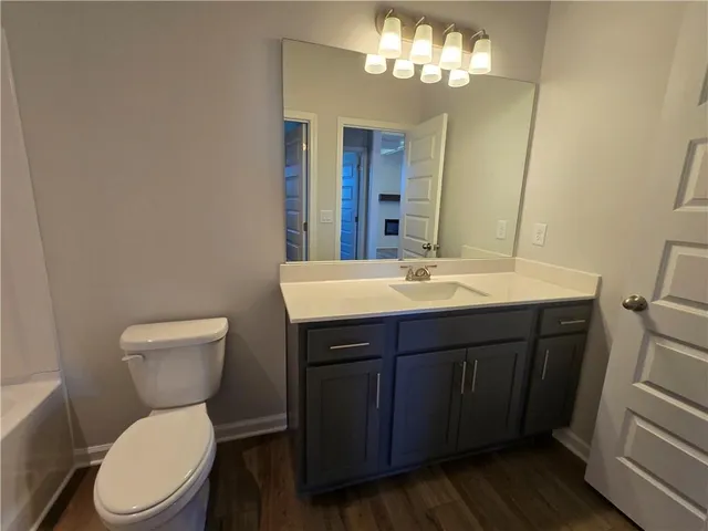 a bathroom with a sink a toilet a mirror and vanity