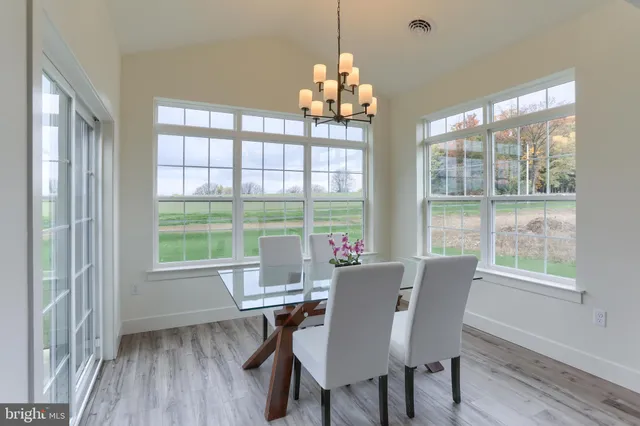 a view of a dining room with furniture a chandelier and wooden floor
