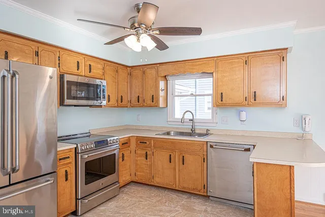 a kitchen with a sink cabinets stainless steel appliances and a window