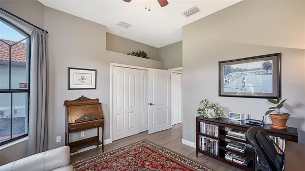 a view of a swimming pool with a couch