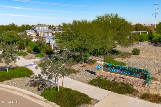 an aerial view of a house with a garden