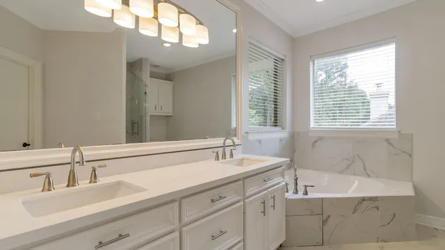 a bathroom with a bathtub and a sink