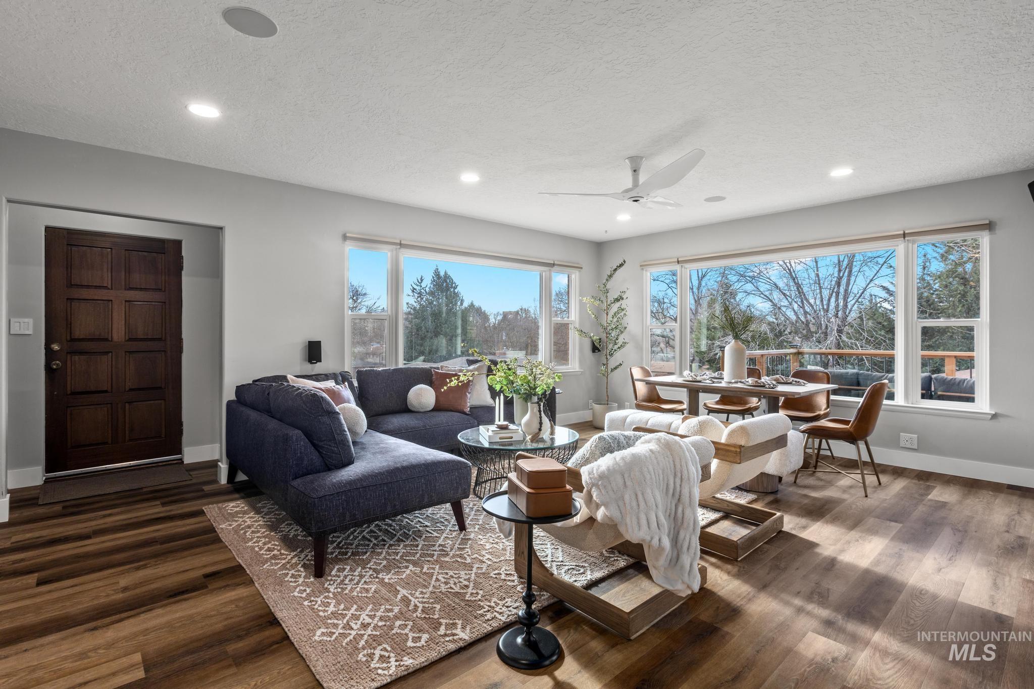 300 West Ofarrell Street Boise, ID 83702 - Photo 2 of 50 Living room with a textured ceiling, dark wood-style floors, a ceiling fan, and recessed lighting