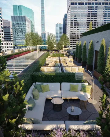 a view of swimming pool with outdoor seating and city view