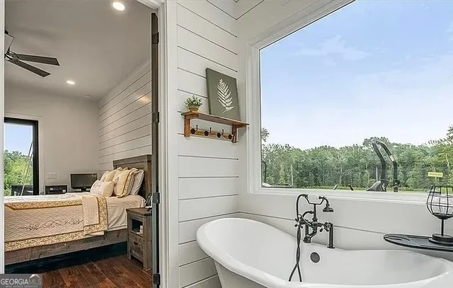 a view of dining room with wooden floor