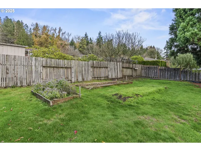 a garden with trees in the background