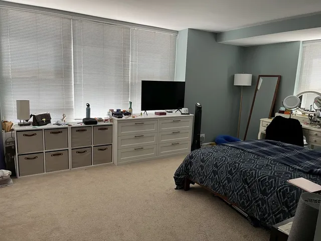a bedroom with a bed and dresser