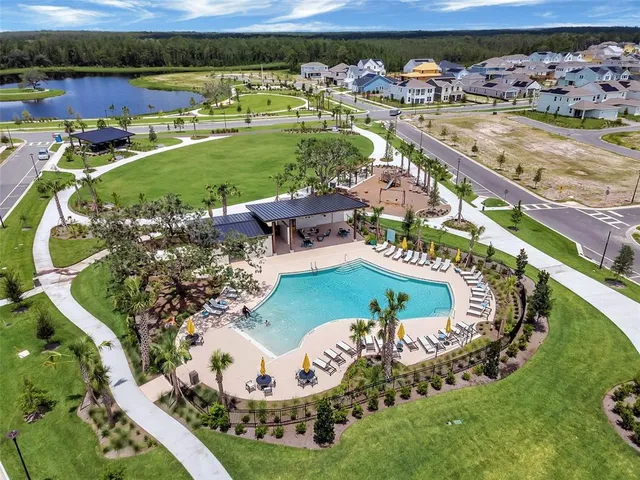 a view of a swimming pool with a yard