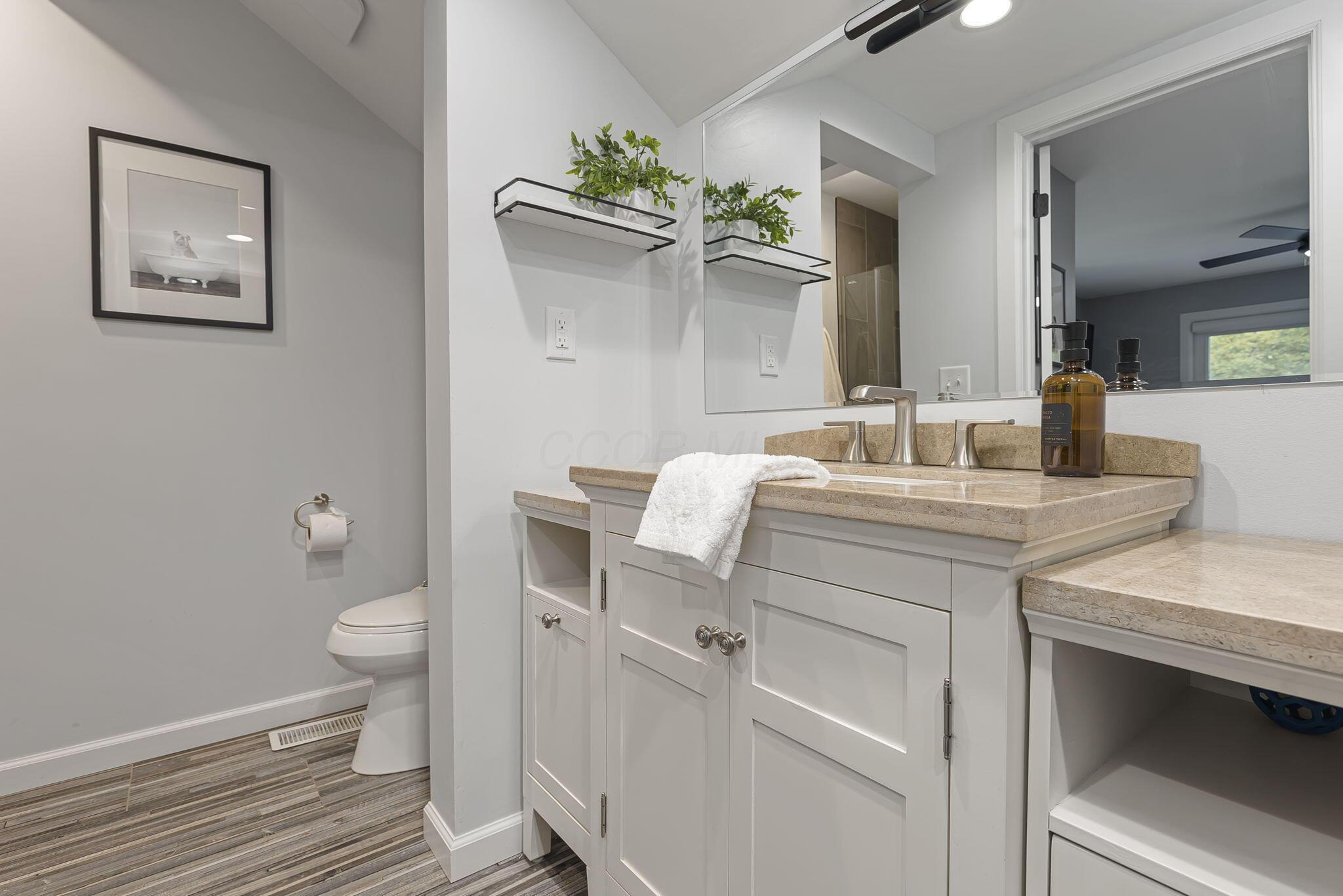 7140 Cook Road Powell, OH 43065 - Photo 63 of 87 White vanity with a neutral-toned countertop and an integrated sink, brushed nickel faucet, full-width mirror, and wood-finish flooring