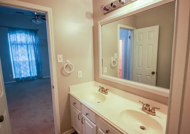 a bathroom with a sink and a mirror