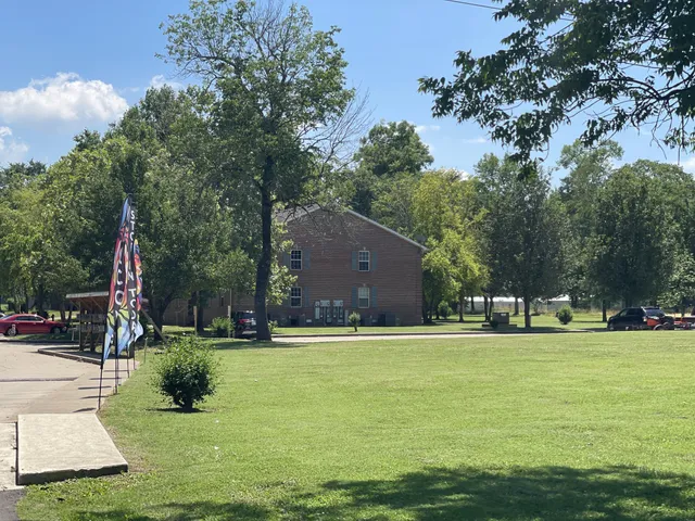 a view of a park with large trees