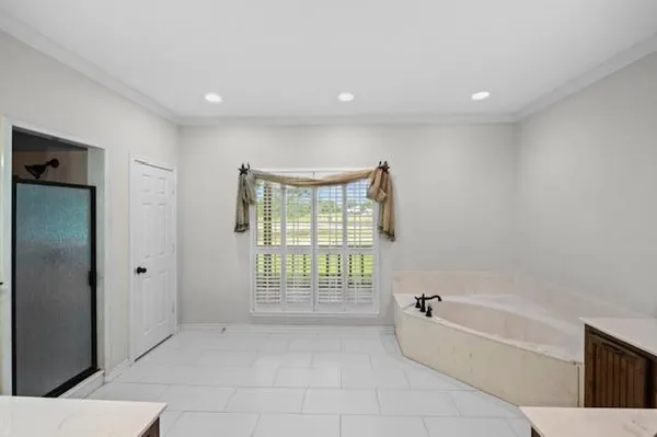 a bathroom with a bathtub and a shower