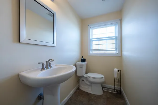 a bathroom with a toilet a sink and mirror