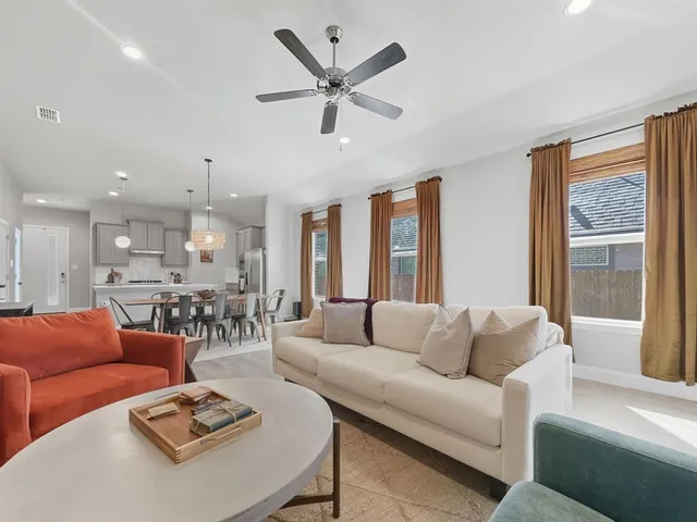 a view of a dining room with furniture
