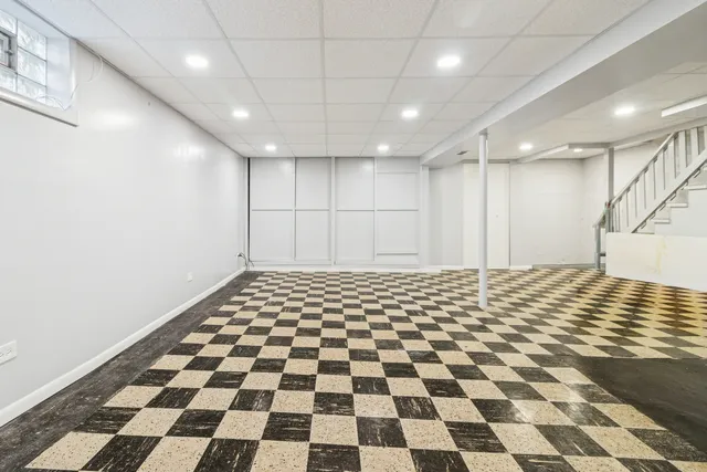 a view of a black and white checkered floor