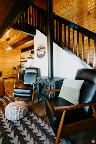 1413 Basel Drive Midway, UT 84049 - Photo 21 of 137 Living area with a wood stove, a wooden ceiling with exposed beams, wood finished floors, and wooden walls