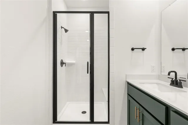 a bathroom with a shower sink and mirror