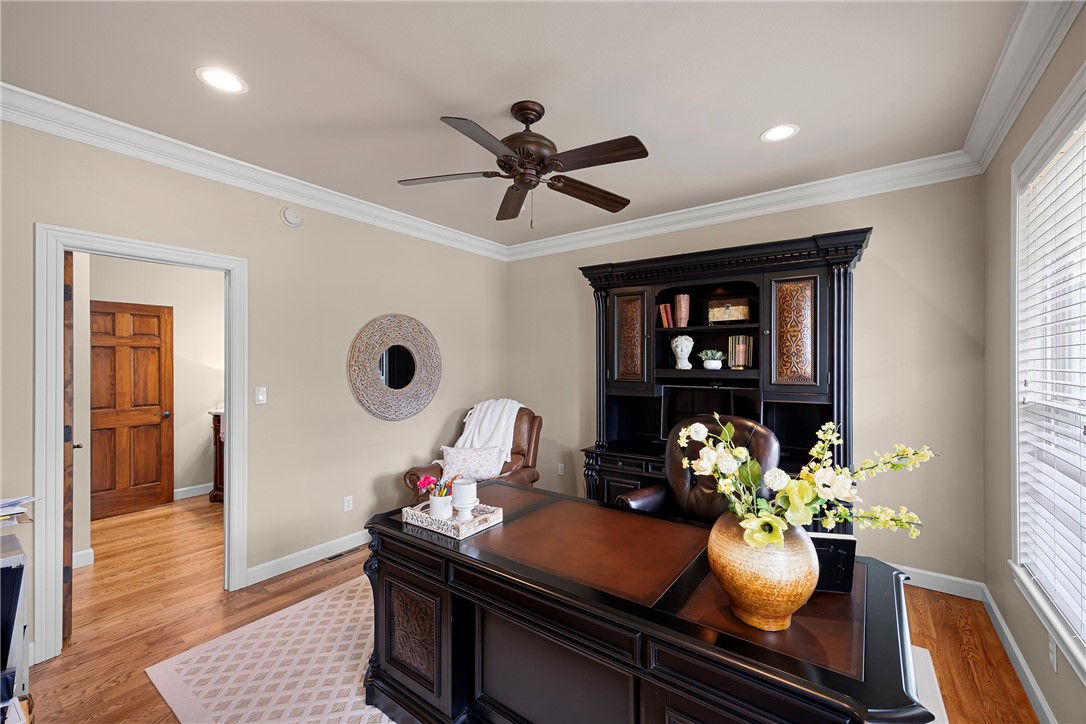788 Cliff Road Russellville, AR 72802 - Photo 18 of 60 Office area featuring crown molding, ceiling fan, light wood-style flooring, and recessed lighting