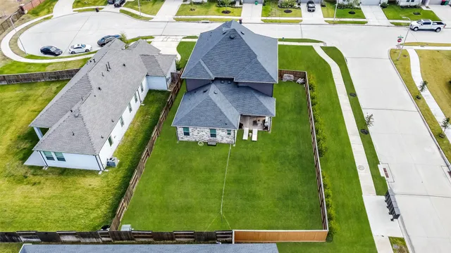 an aerial view of a swimming pool