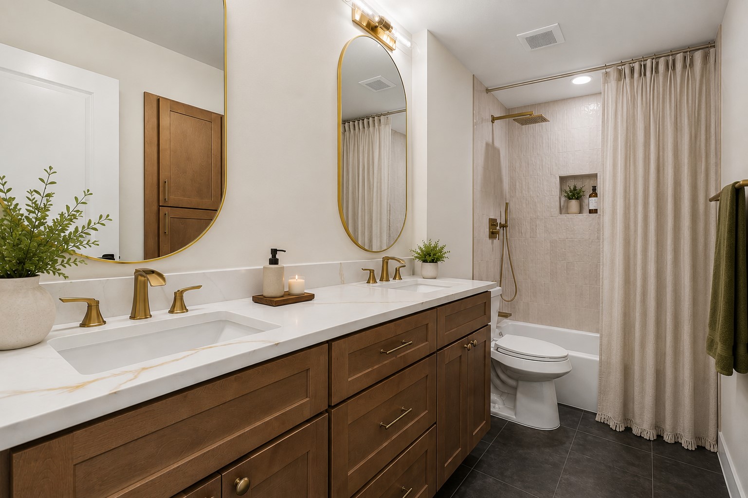 11809 Charing Cross Road Austin, TX 78759 - Photo 17 of 34 Dual vanities with golden fixtures and mirrors define this refined bathroom.
