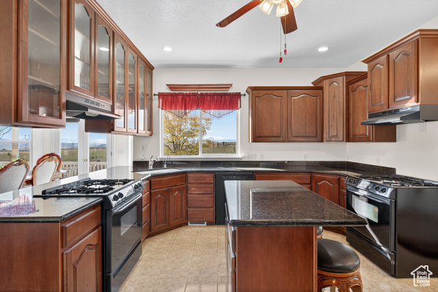 4768 East Hickman Canyon Road Stockton, UT 84071 - Photo 13 of 85 Kitchen featuring black appliances, dark stone counters, glass insert cabinets, and under cabinet range hoods.