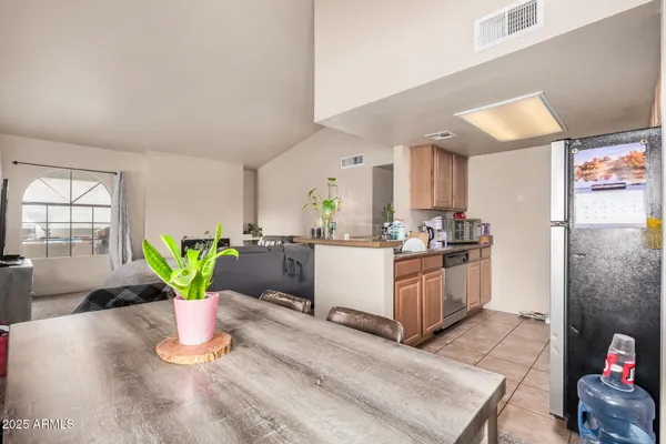 a kitchen with a potted plant on the counter and cabinets