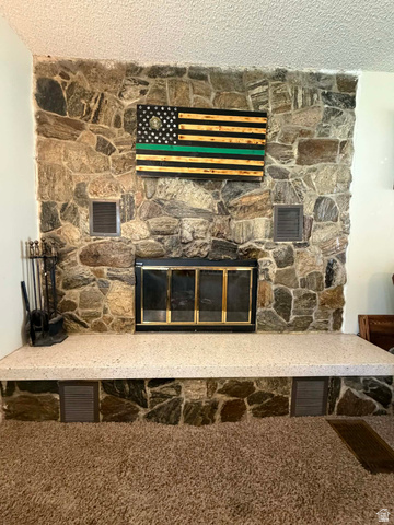 156 D Street Helper, UT 84526 - Photo 7 of 24 Detailed view of a stone fireplace, a textured ceiling, and carpet