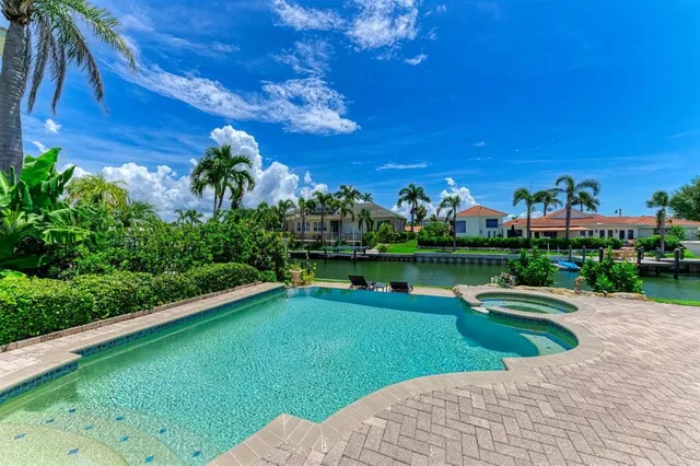 a garden view with a seating space