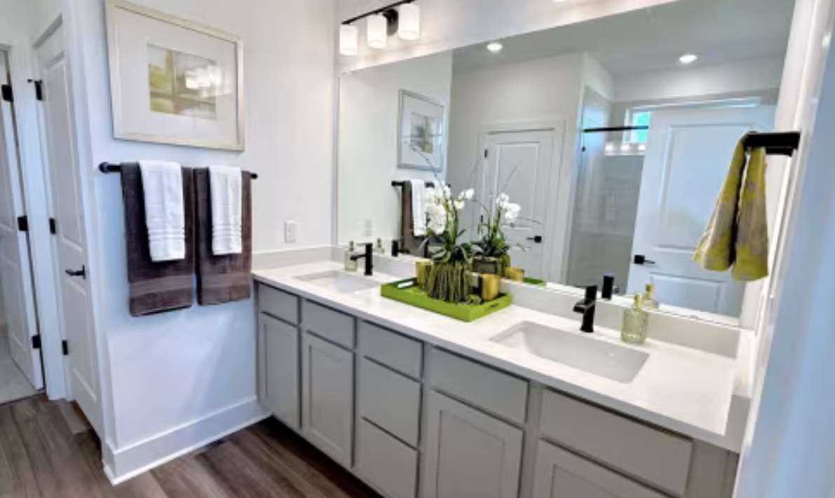 131 Sincere Drive Kyle, TX 78640 - Photo 12 of 15 a bathroom with a double vanity sink and a mirror