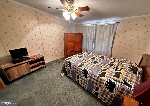 a bedroom with a bed and a television