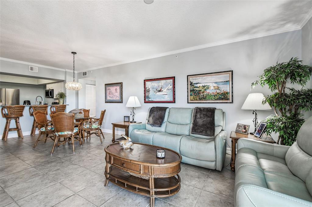 4516 Seagull Drive, Unit 807 New Port Richey, FL 34652 - Photo 18 of 100 a living room with furniture a chandelier and a window
