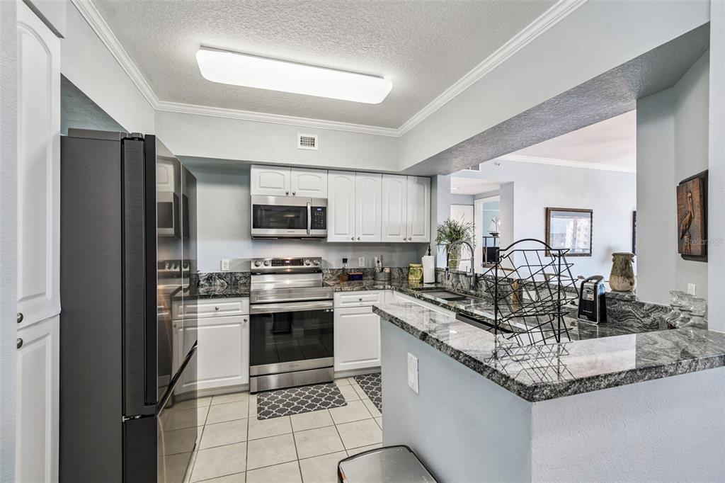 4516 Seagull Drive, Unit 807 New Port Richey, FL 34652 - Photo 6 of 100 a kitchen with stainless steel appliances granite countertop a sink stove and refrigerator