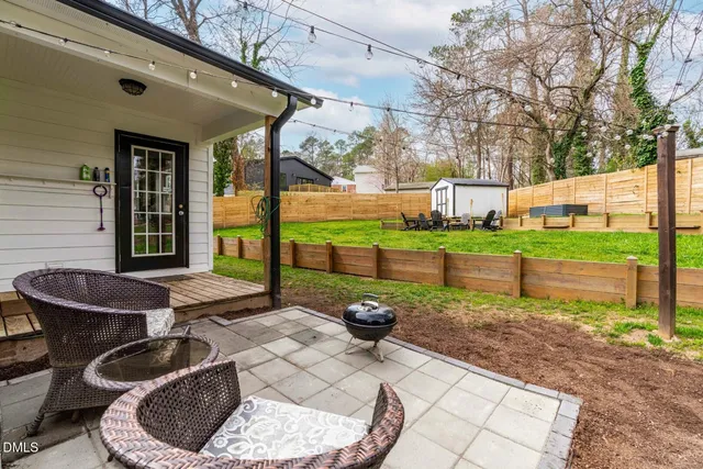 a backyard of a house with yard and outdoor seating