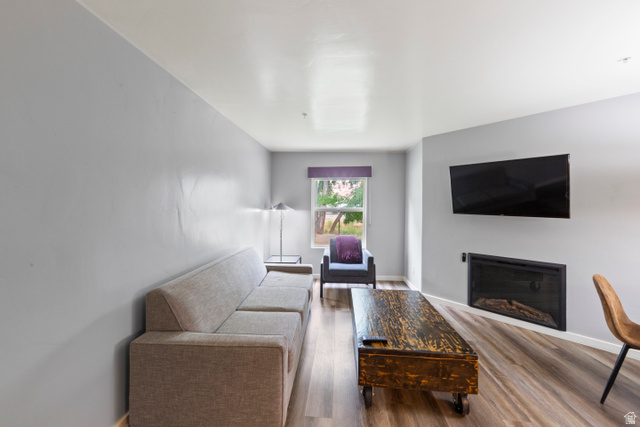 100 West 200 South, Unit 118 Moab, UT 84532 - Photo 15 of 39 Living room featuring a glass covered fireplace and wood finished floors