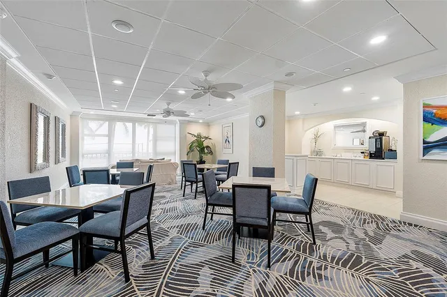 a view of a dining room with furniture