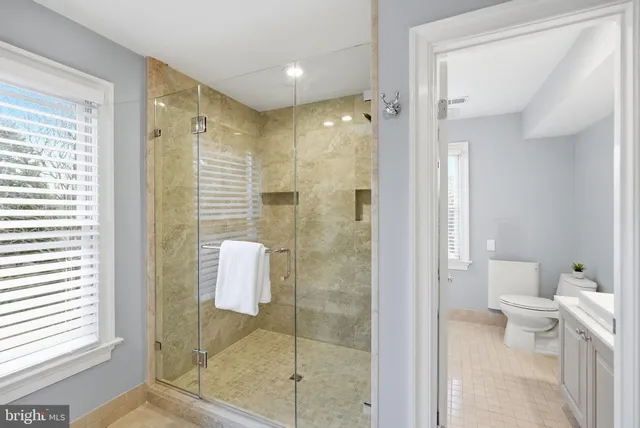 a bathroom with a shower and a toilet