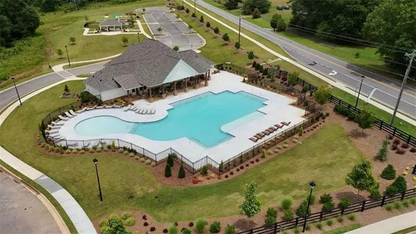 aerial view of a house with fountain