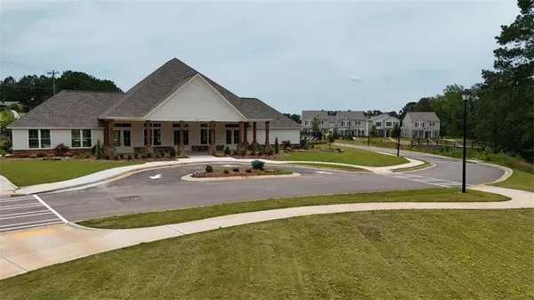 an aerial view of a highlighted house