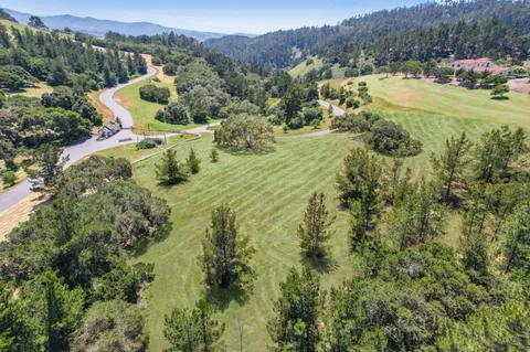 an aerial view of residential houses with outdoor space and trees